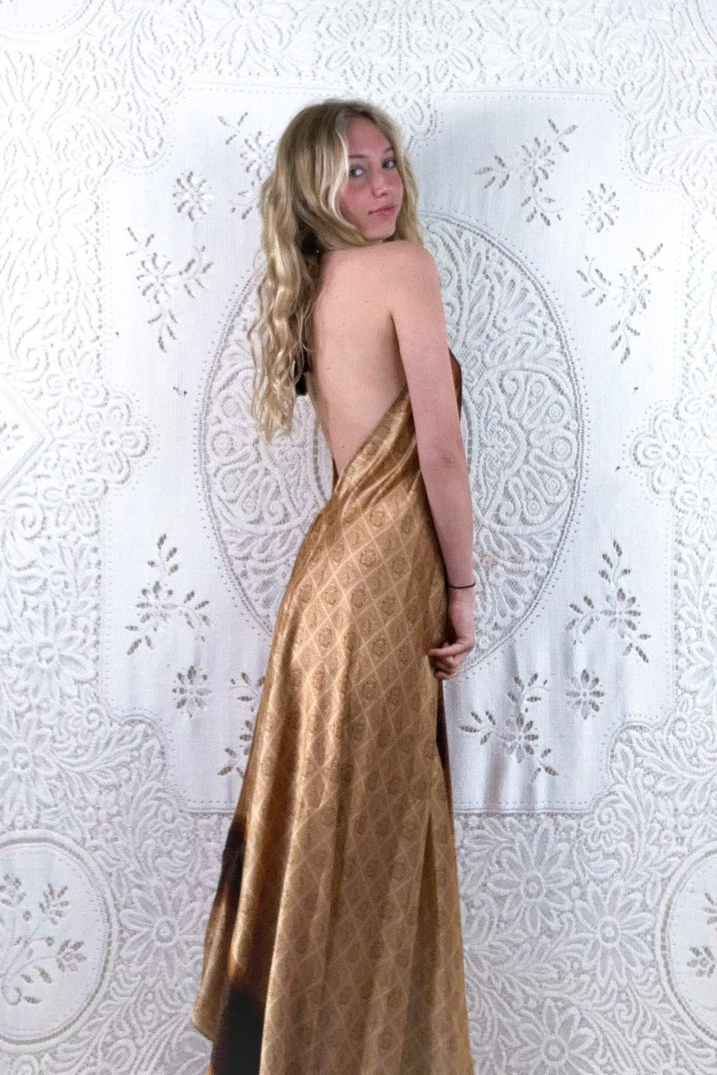 Athena Maxi Dress - Vintage Sari - Soft Gold & Bronze Tiles - S - M/L by all about audrey