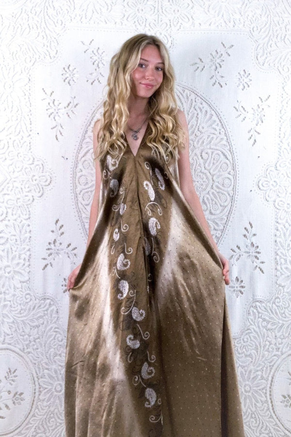 Athena Maxi Dress - Vintage Sari - Coffee Ice Cream - S - M/L by all about audrey