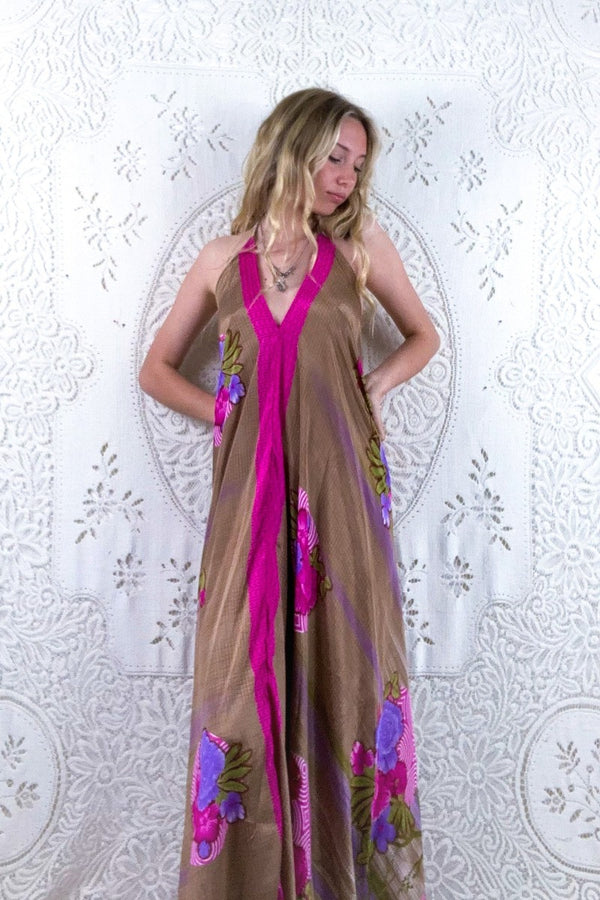 Athena Maxi Dress - Vintage Sari - Fawn Floral Bouquet - S - M/L by all about audrey