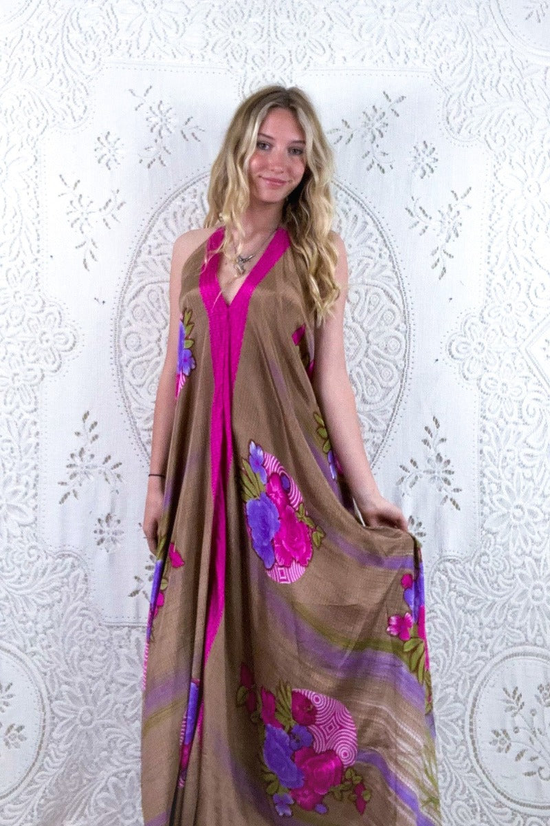 Athena Maxi Dress - Vintage Sari - Fawn Floral Bouquet - S - M/L by all about audrey