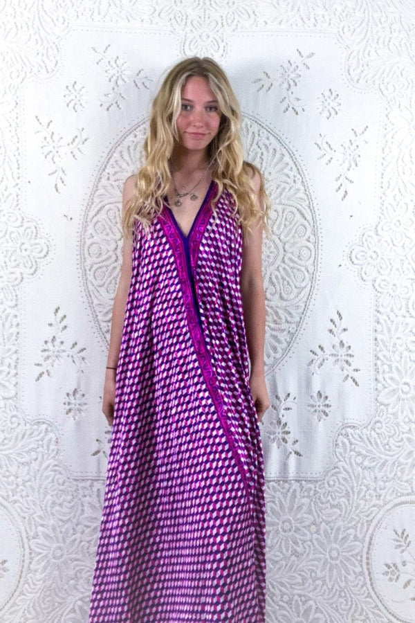 Athena Maxi Dress - Vintage Sari - Pink & Purple Harlequin Illusion - S - M/L by all about audrey