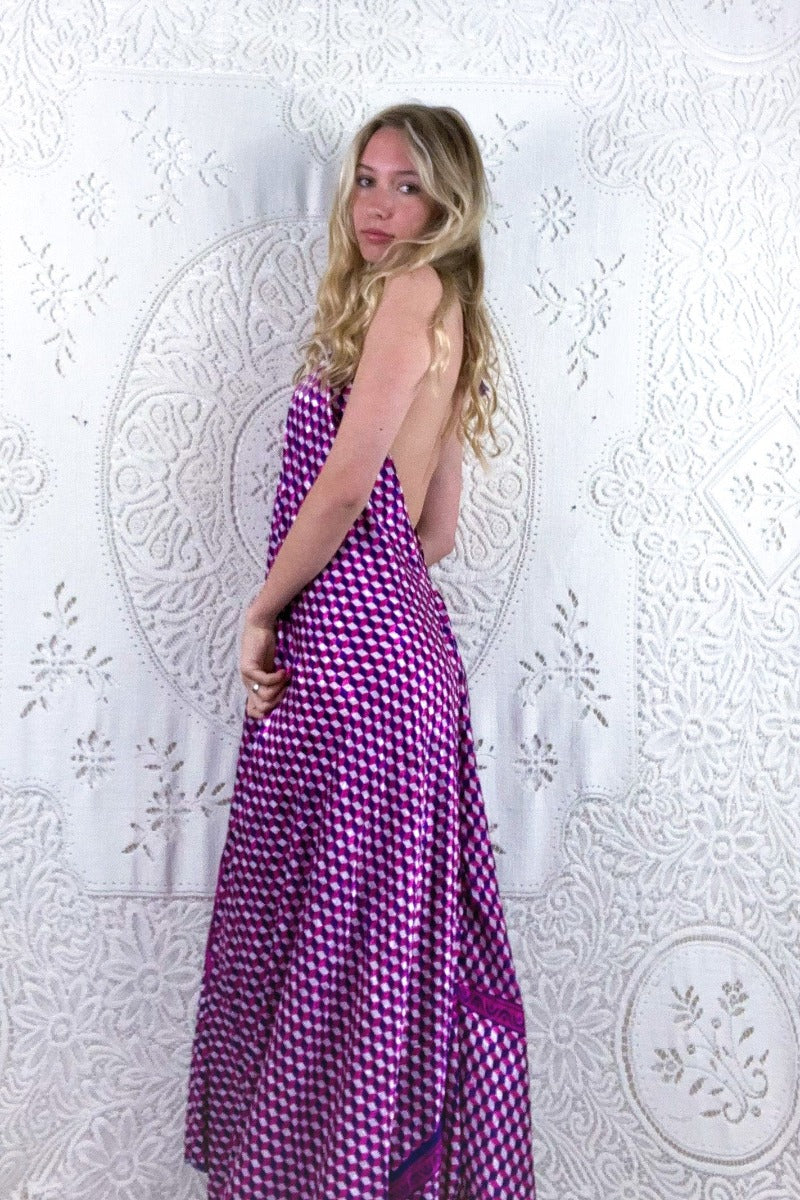 Athena Maxi Dress - Vintage Sari - Pink & Purple Harlequin Illusion - S - M/L by all about audrey