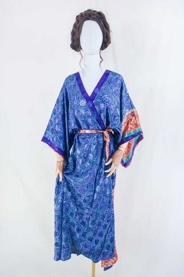 Aquaria Kimono Dress - Vintage Sari - Copper & Plum Baroque - Free Size L/XL By All About Audrey