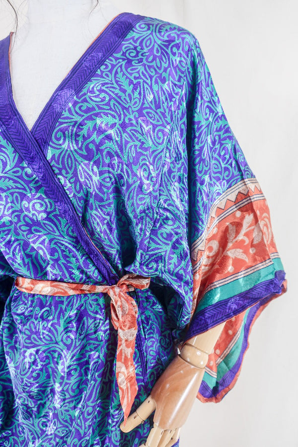 Aquaria Kimono Dress - Vintage Sari - Copper & Plum Baroque - Free Size L/XL By All About Audrey