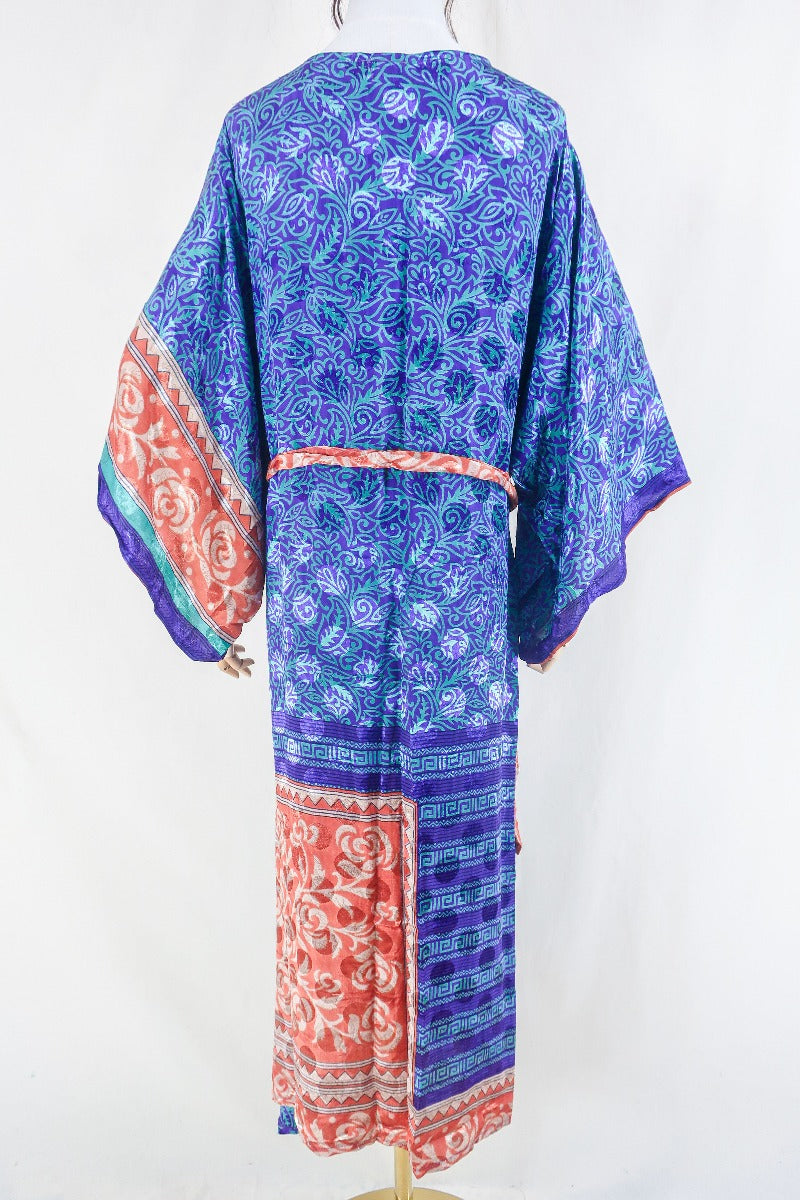 Aquaria Kimono Dress - Vintage Sari - Copper & Plum Baroque - Free Size L/XL By All About Audrey