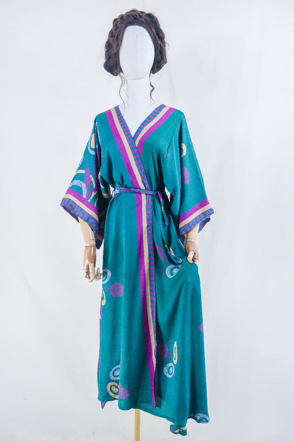 Aquaria Kimono Dress - Vintage Sari - Juniper Abstract Floral - Free Size XS By All About Audrey