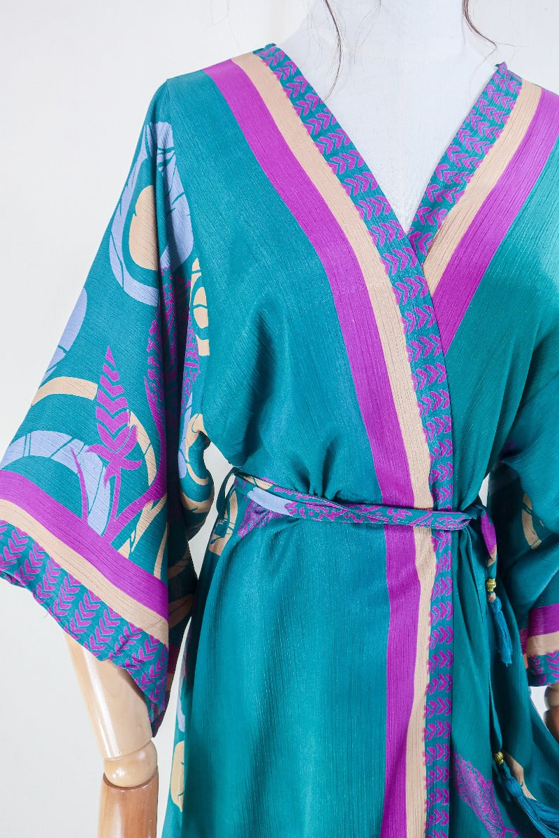 Aquaria Kimono Dress - Vintage Sari - Juniper Abstract Floral - Free Size XS By All About Audrey