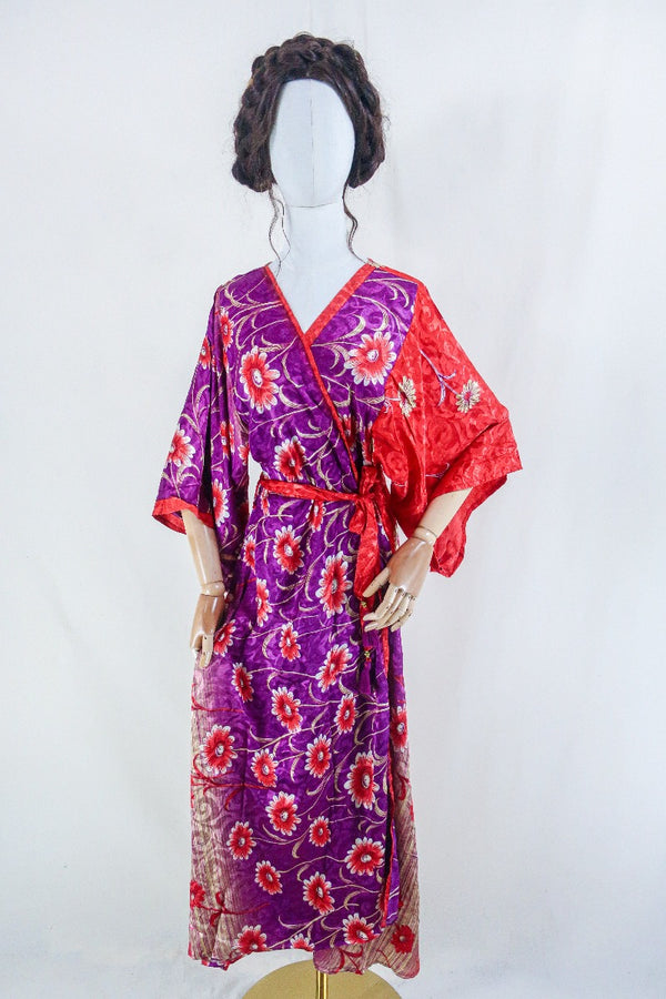 Aquaria Kimono Dress - Vintage Sari - Purple & Scarlett Retro Floral - Free Size S/M By All About Audrey