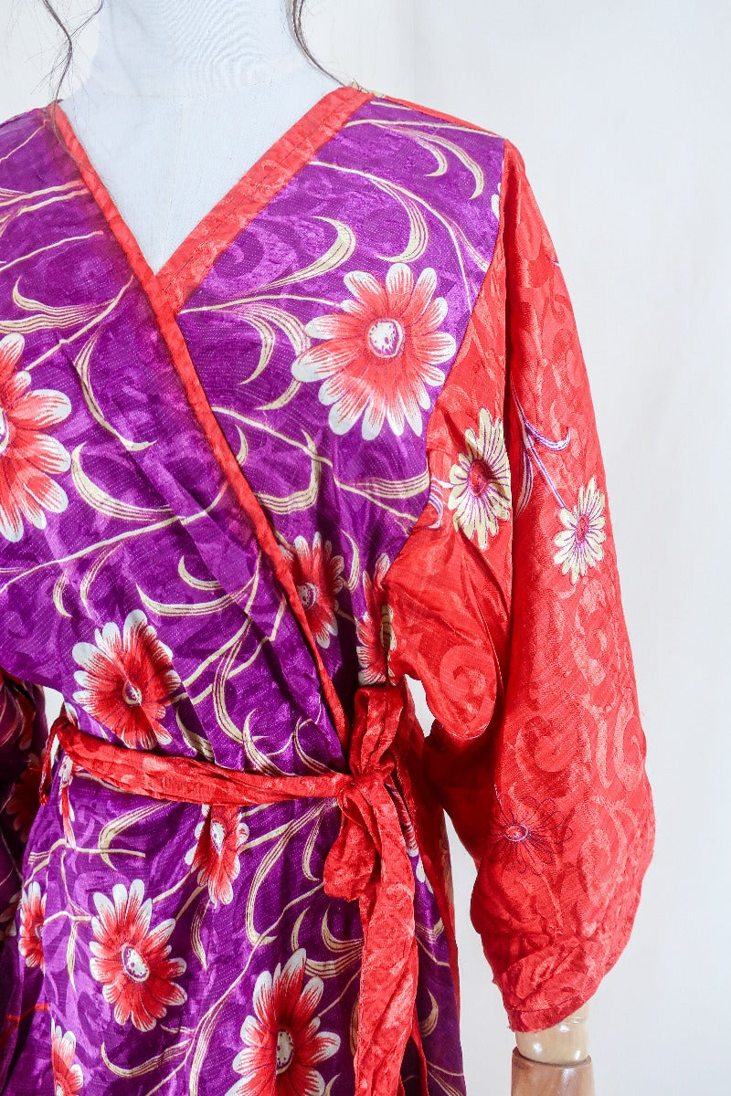 Aquaria Kimono Dress - Vintage Sari - Purple & Scarlett Retro Floral - Free Size S/M By All About Audrey