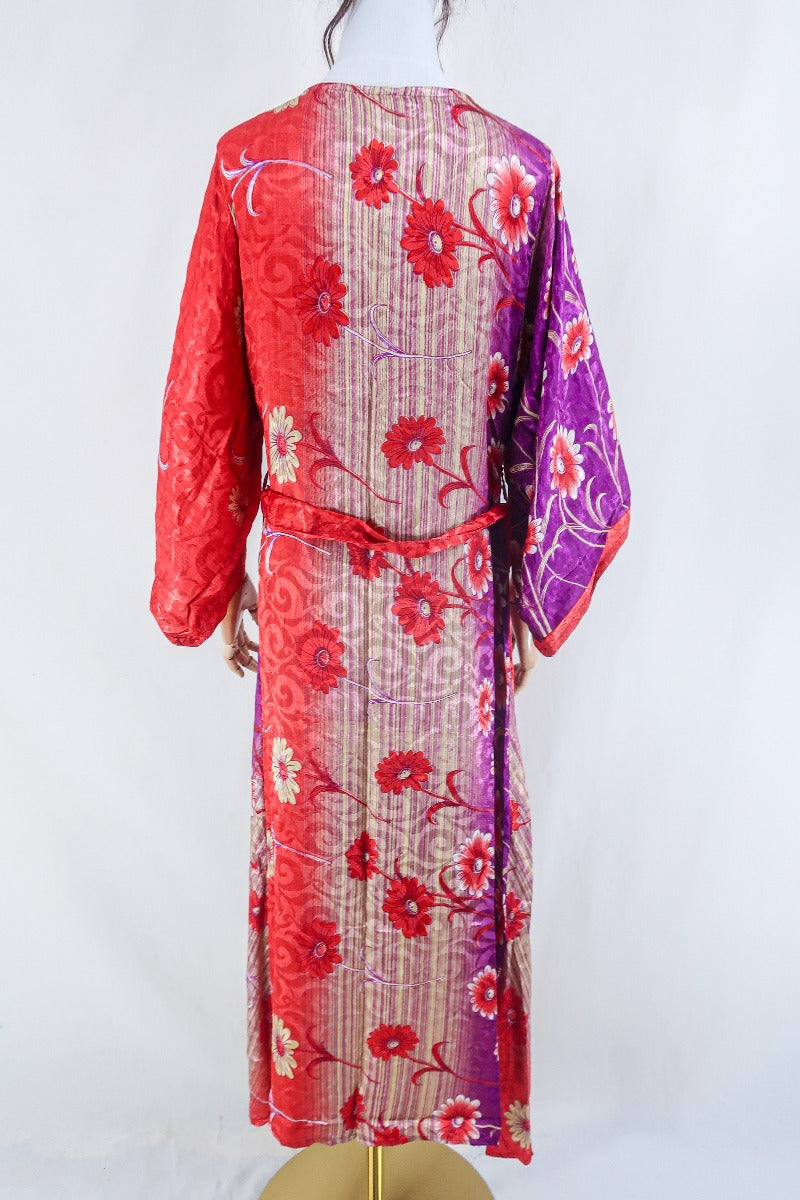 Aquaria Kimono Dress - Vintage Sari - Purple & Scarlett Retro Floral - Free Size S/M By All About Audrey