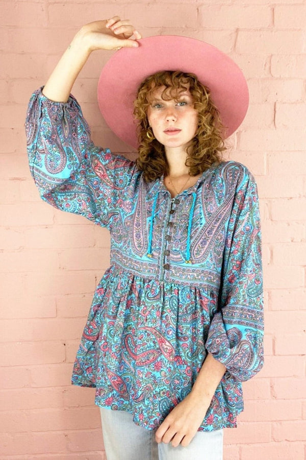 Florence Smock Top in Powder Blue & Peach Paisley Floral
