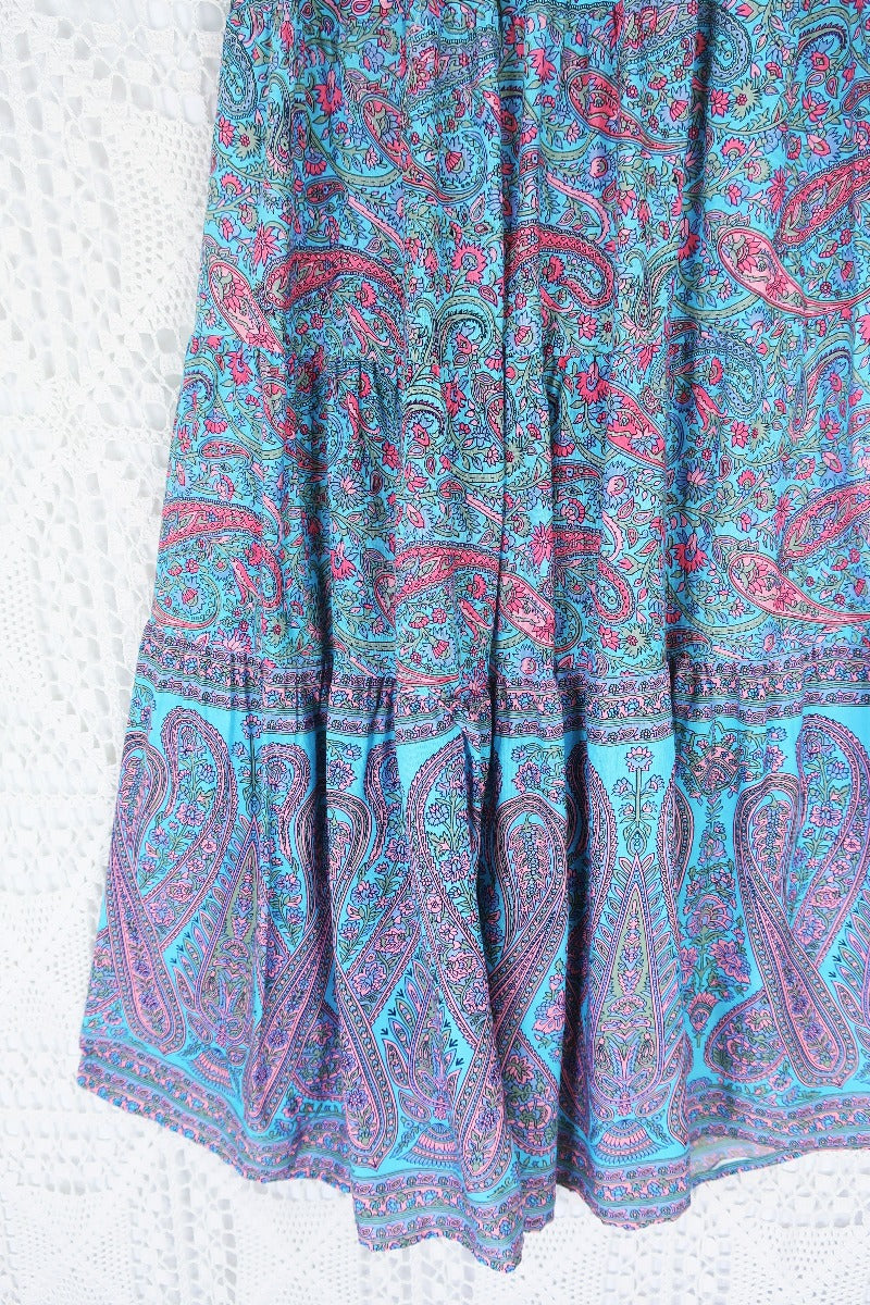 Florence Prairie Skirt - Powder Blue & Peach Paisley Rayon (Free Size) all about audrey