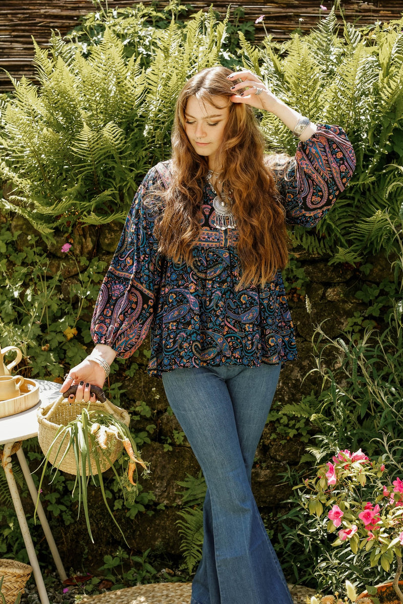 Florence Smock Top in Midnight Sapphire Paisley Floral