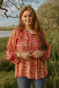 Florence Smock Top in Ivory & Violet Rose Paisley Floral