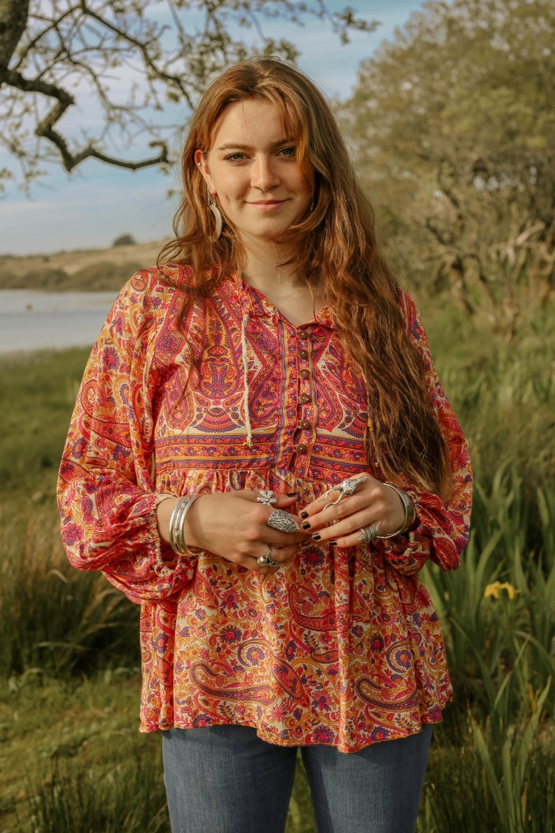 Florence Smock Top in Ivory & Violet Rose Paisley Floral