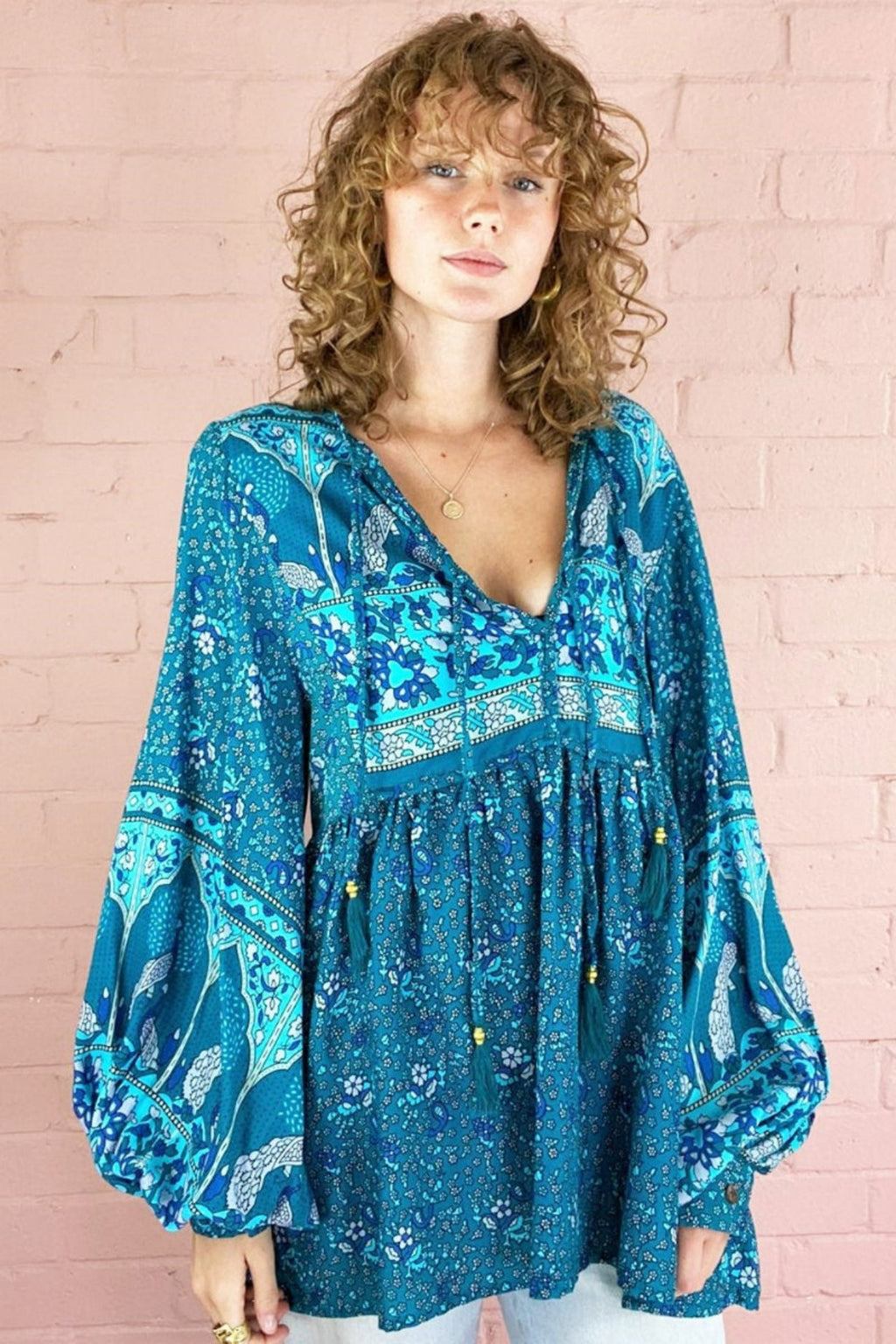 Peacock Prairie Bohemian Smock Top - Ocean & Indigo Rayon - ALL SIZES by All About Audrey