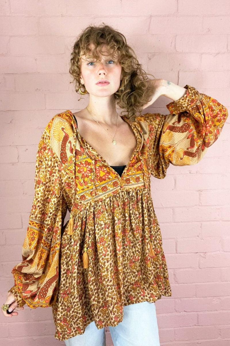 Peacock Prairie Boho Smock Top - Tan & Turmeric Rayon - ALL SIZES by All About Audrey