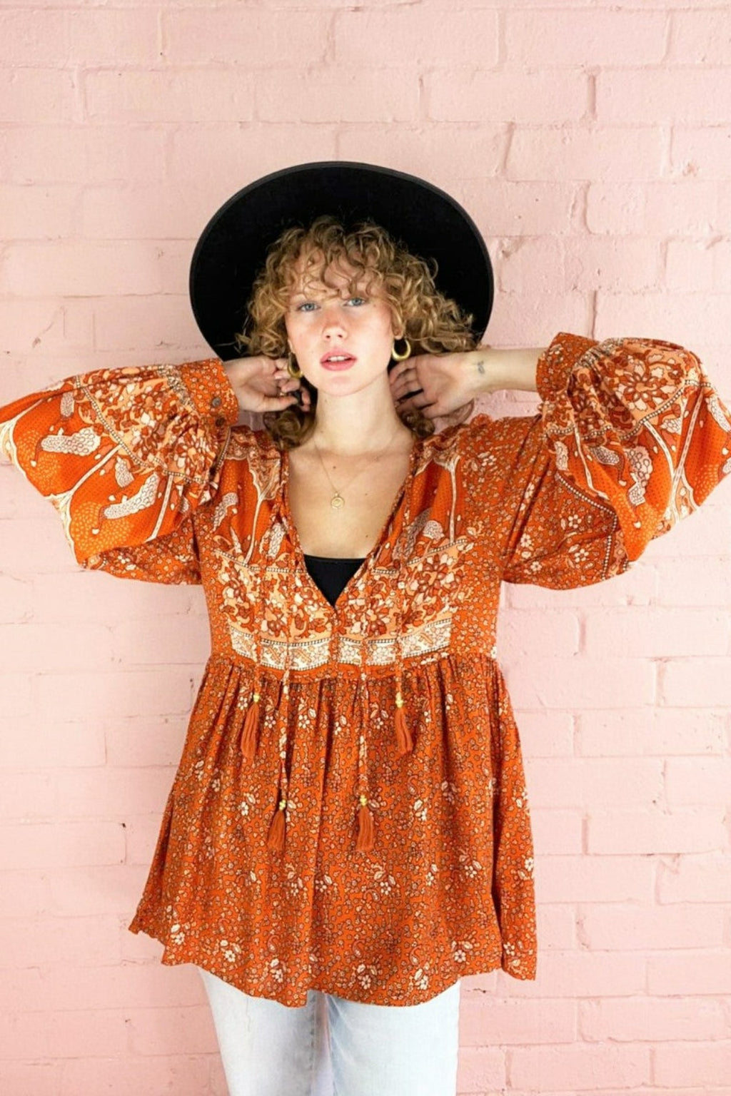 Peacock Prairie Bohemian Smock Top - Burnt Orange Rayon - ALL SIZES by All About Audrey