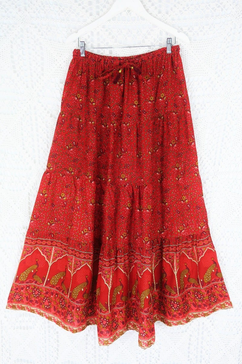 Peacock Prairie Skirt - Bohemian Maxi Skirt in Berry Red Indian Rayon (Free Size) All About Audrey