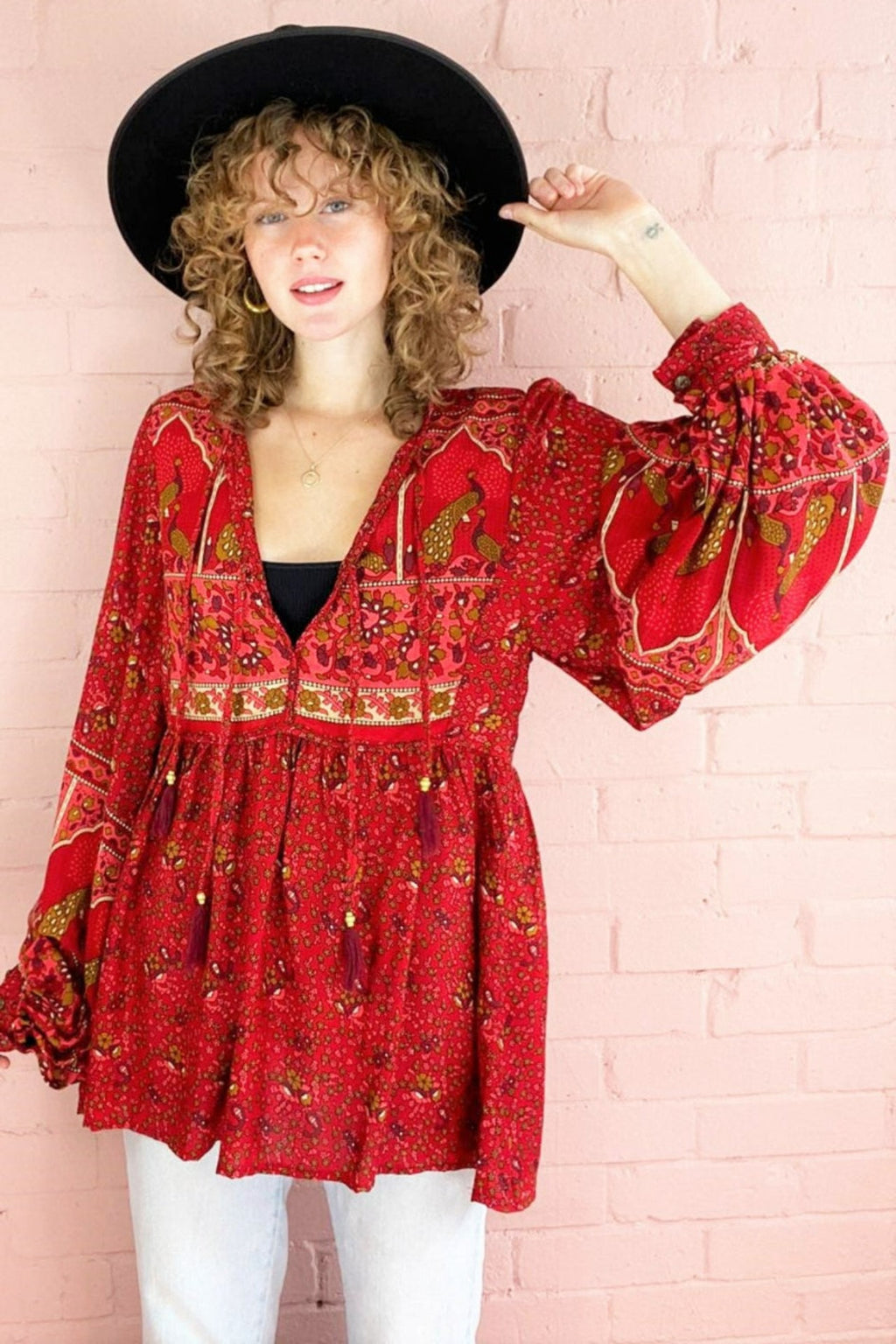 Peacock Prairie Boho Smock Top - Berry Red Rayon - ALL SIZES by All About Audrey
