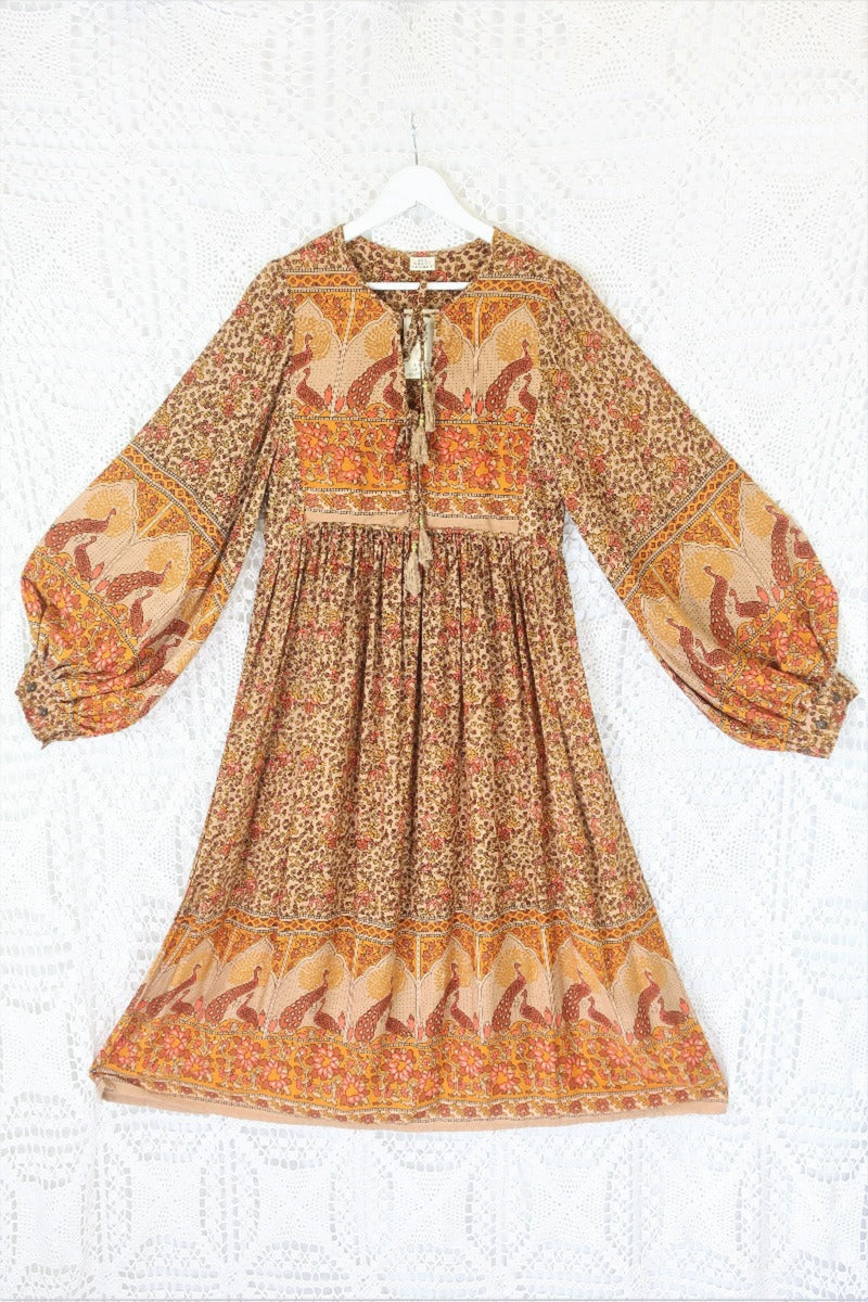 Peacock Primrose Bohemian Balloon Sleeve Smock Dress - Tan & Turmeric Rayon - ALL SIZES by All About Audrey