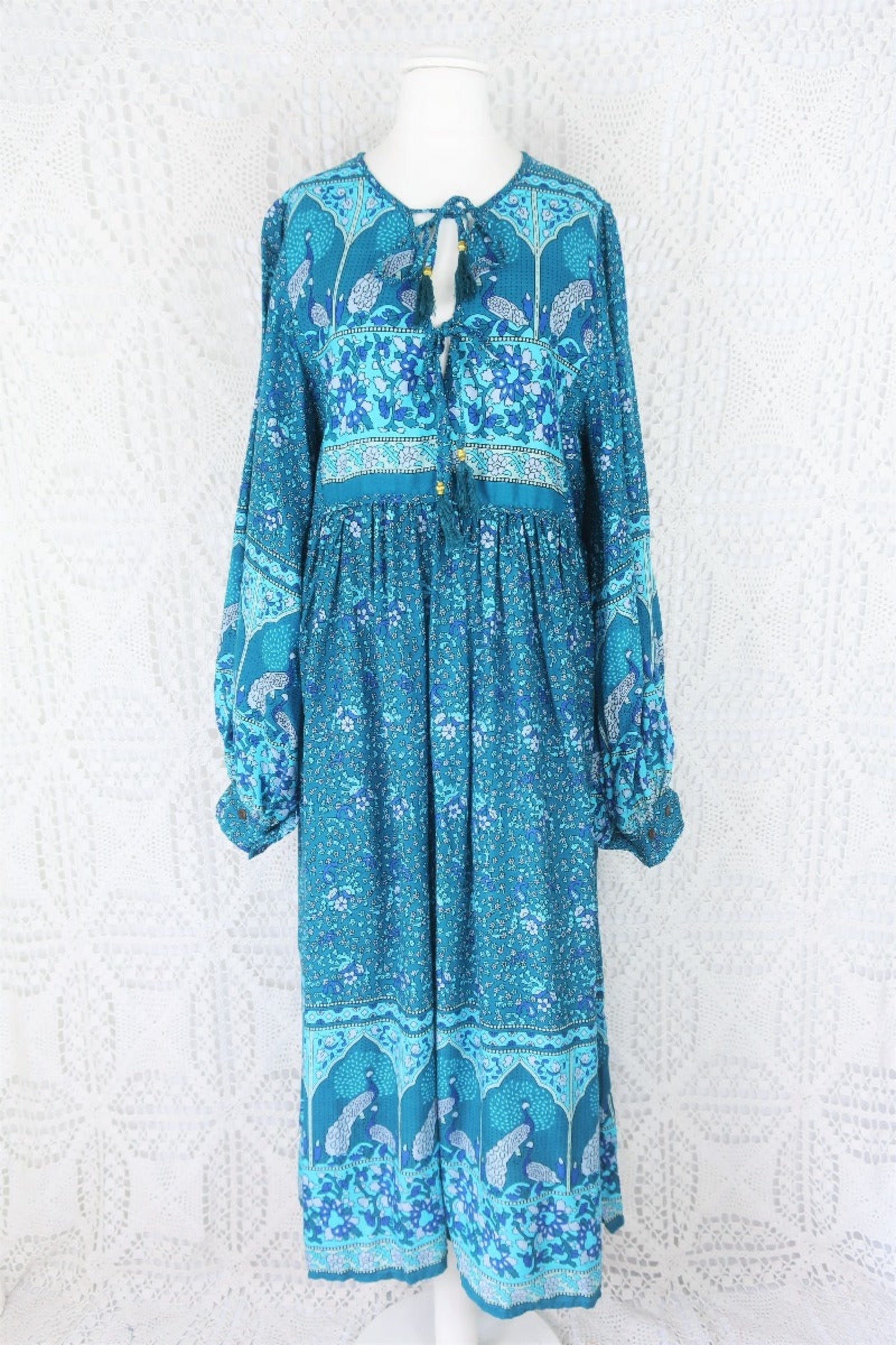 Peacock Primrose Bohemian Balloon Sleeve Midi Dress - Ocean & Indigo Rayon - ALL SIZES by All About Audrey