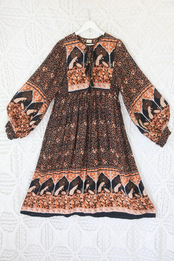 Peacock Primrose Bohemian Smock Midi Dress - Jet Black & Terracotta Rayon - ALL SIZES by All About Audrey