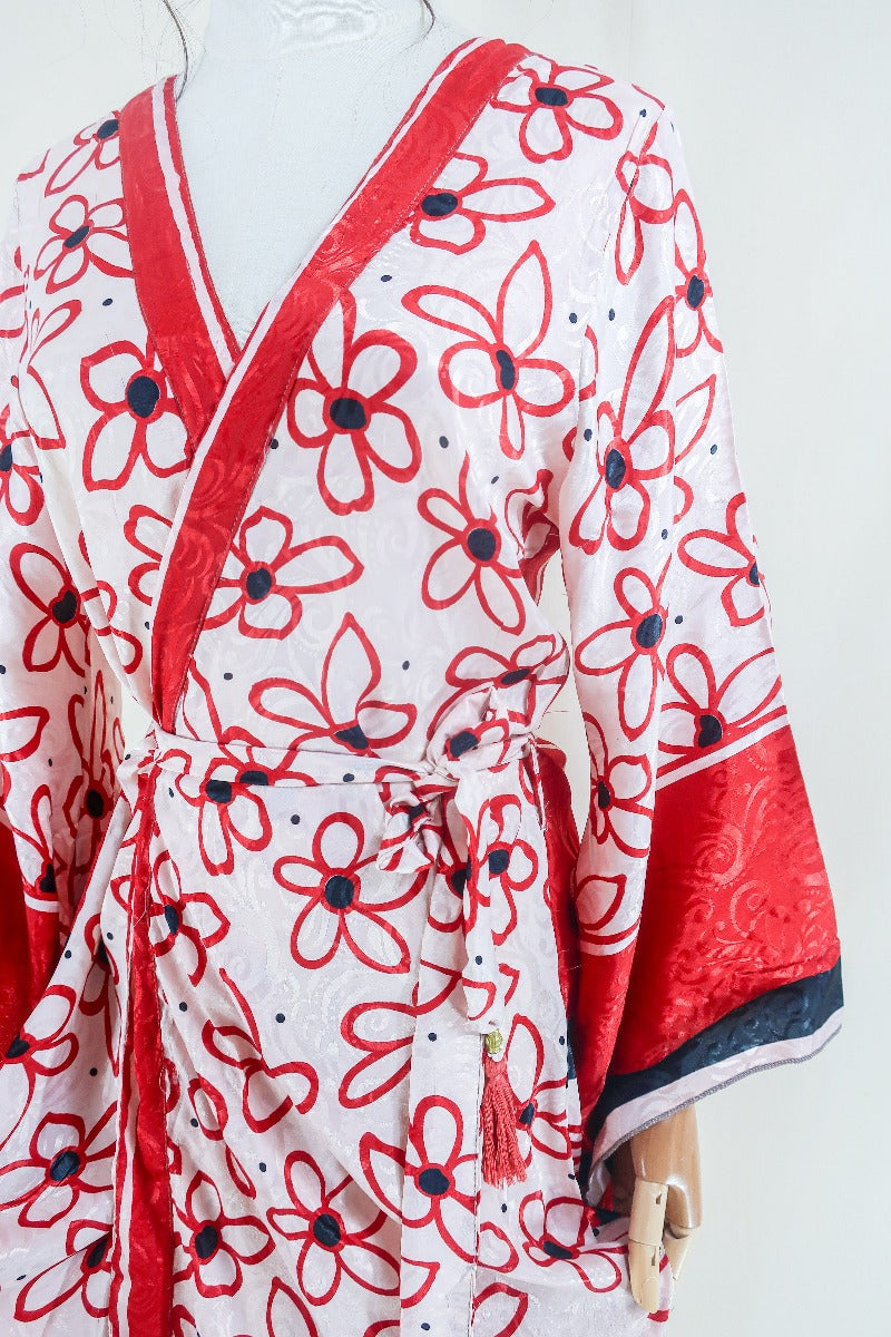Gemini Kimono - Salt White & Red Floral - Vintage Indian Sari - Size M/L by all about audrey