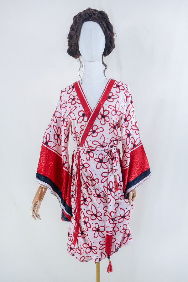 Gemini Kimono - Salt White & Red Floral - Vintage Indian Sari - Size M/L by all about audrey