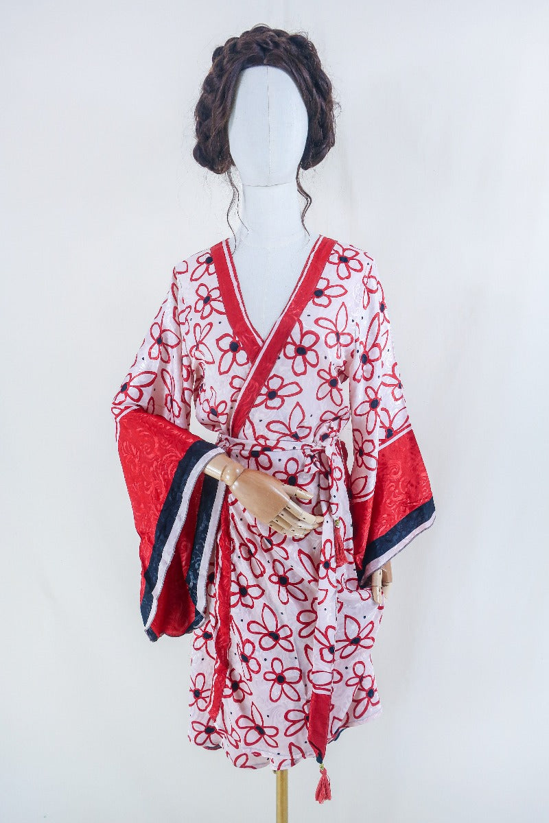 Gemini Kimono - Salt White & Red Floral - Vintage Indian Sari - Size M/L by all about audrey