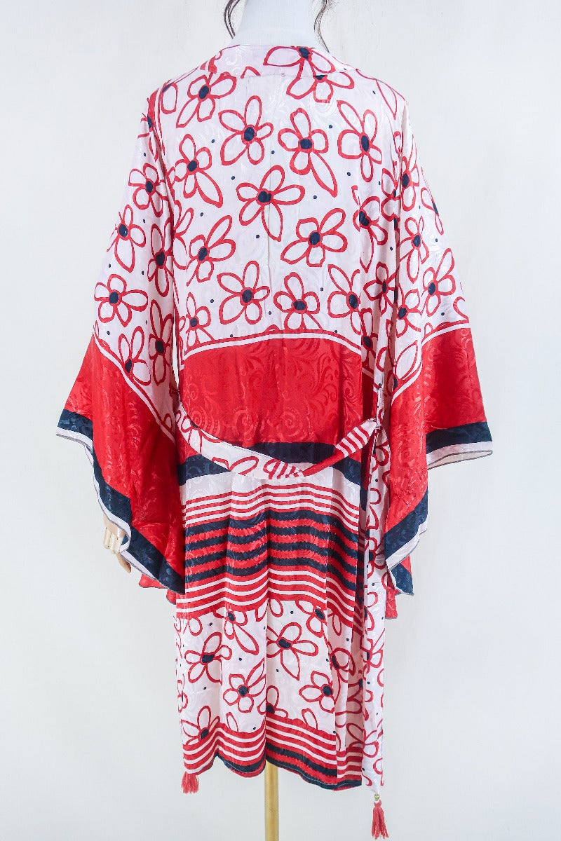 Gemini Kimono - Salt White & Red Floral - Vintage Indian Sari - Size M/L by all about audrey