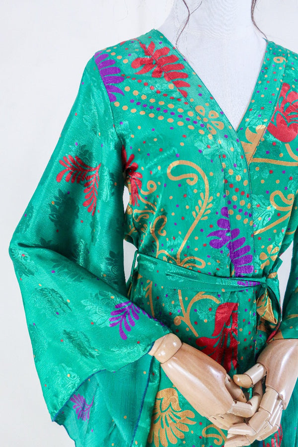 Gemini Kimono - Emerald Green Floral Shimmer - Vintage Indian Sari - Size S/M by all about audrey