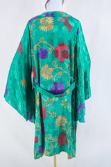 Gemini Kimono - Emerald Green Floral Shimmer - Vintage Indian Sari - Size S/M by all about audrey