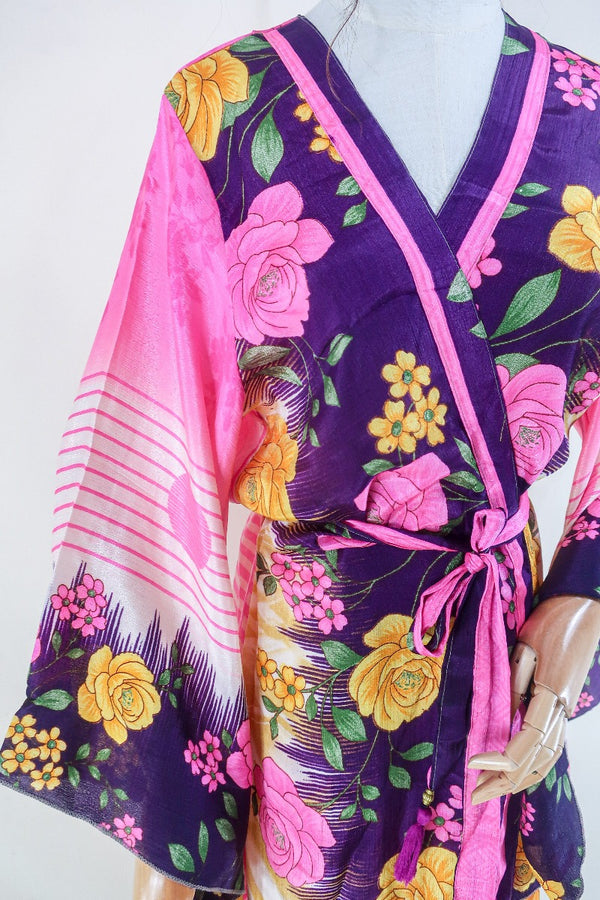 Gemini Kimono - Rosy Pink Vibrant Floral - Vintage Indian Sari - Size M/L by all about audrey