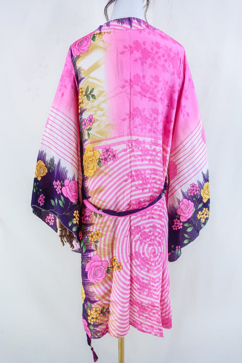 Gemini Kimono - Rosy Pink Vibrant Floral - Vintage Indian Sari - Size M/L by all about audrey