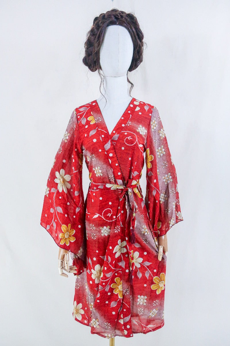 Gemini Kimono - Blazing Red Bold Floral - Vintage Indian Sari - Size S/M by all about audrey