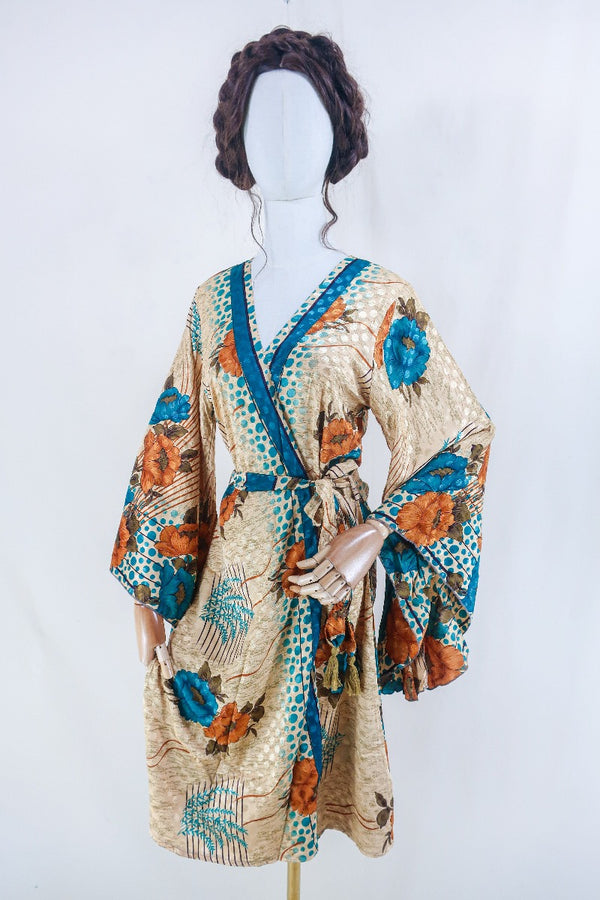 Gemini Kimono - Champagne Gold Jacquard Shimmer - Vintage Indian Sari - Size M/L by all about audrey