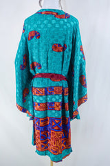Gemini Kimono - Ocean Teal & Red Paisley - Vintage Indian Sari - Size XL by all about audrey