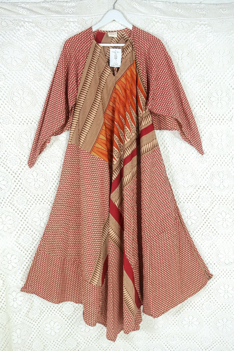 Goddess Dress - Rust Red & Sepia Patchwork - Vintage Sari - Size L by all about audrey