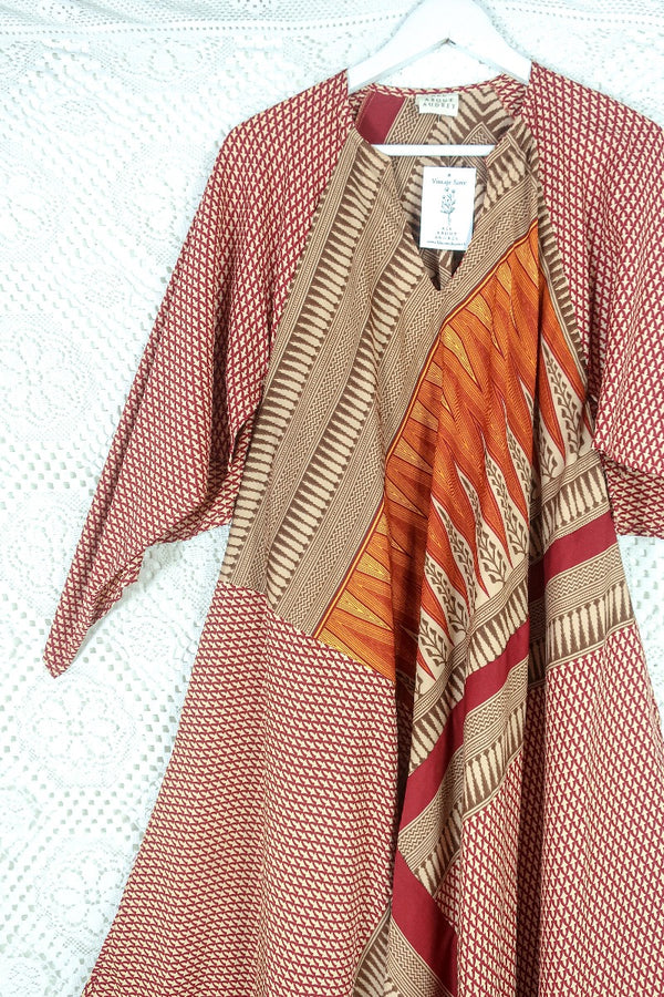 Goddess Dress - Rust Red & Sepia Patchwork - Vintage Sari - Size L by all about audrey