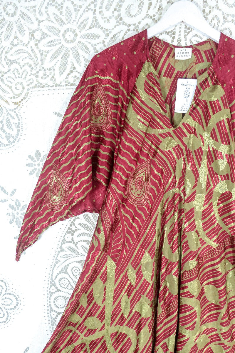 Goddess Dress - Cherry Red & Apple Paisley Jacquard - Vintage Sari - Size L by all about audrey