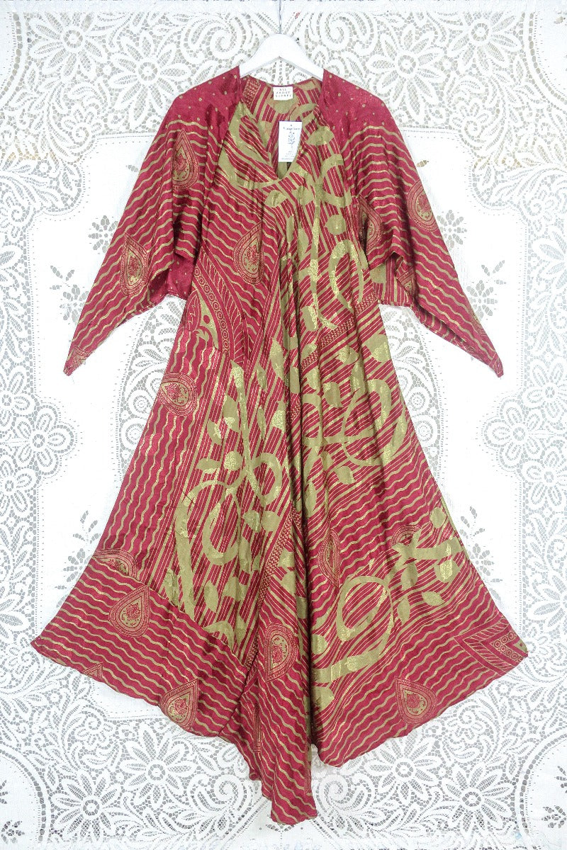 Goddess Dress - Cherry Red & Apple Paisley Jacquard - Vintage Sari - Size L by all about audrey