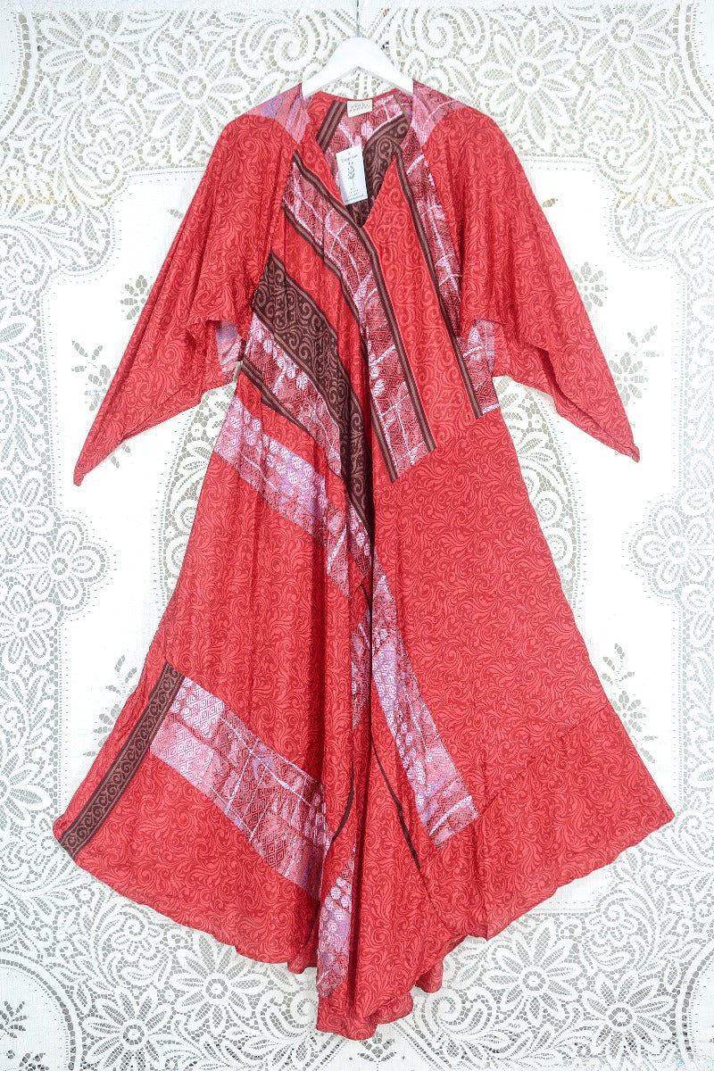 Goddess Dress - Strawberry Red & Clay Motif - Vintage Sari - Size L by all about audrey