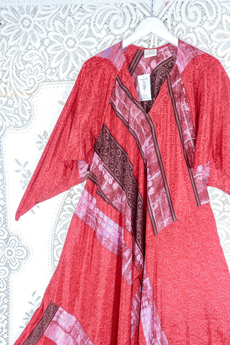 Goddess Dress - Strawberry Red & Clay Motif - Vintage Sari - Size L by all about audrey