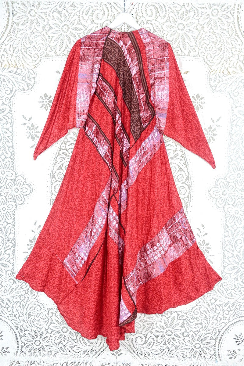 Goddess Dress - Strawberry Red & Clay Motif - Vintage Sari - Size L by all about audrey