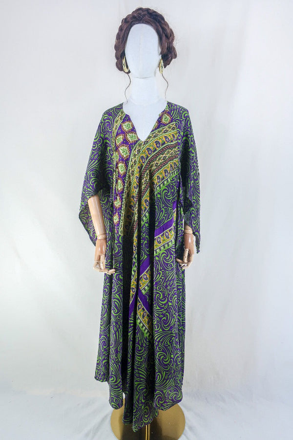 Goddess Dress - Cadbury Purple & Green Floral Paisley - Vintage Sari - Free Size L bhy all about audrey