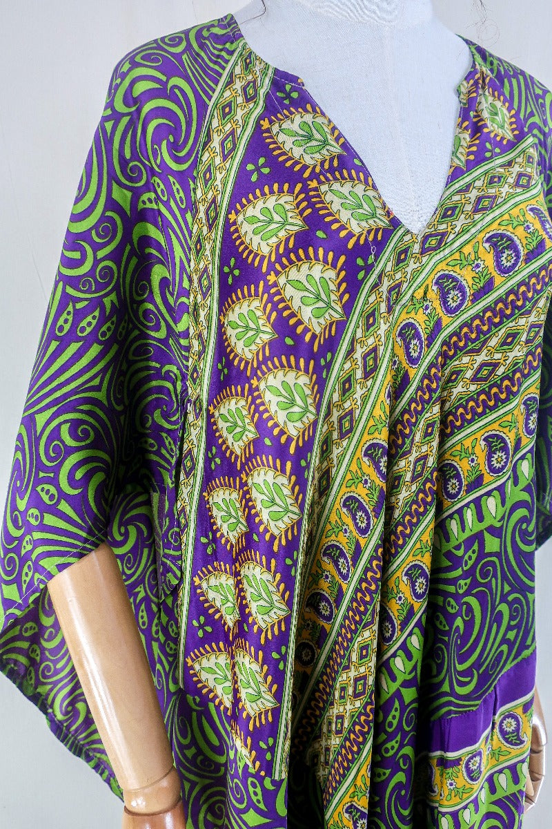 Goddess Dress - Cadbury Purple & Green Floral Paisley - Vintage Sari - Free Size L by all about audrey