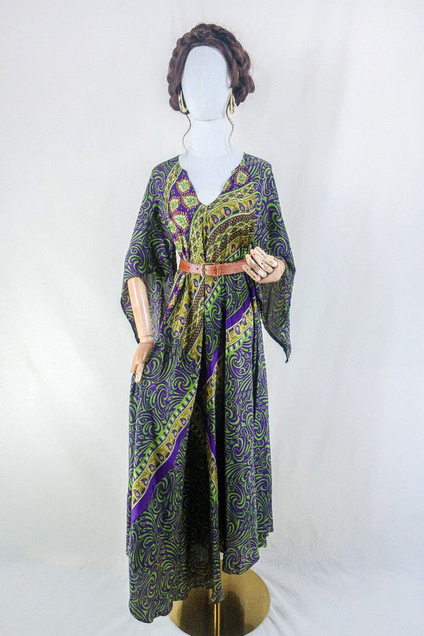 Goddess Dress - Cadbury Purple & Green Floral Paisley - Vintage Sari - Free Size L by all about audrey