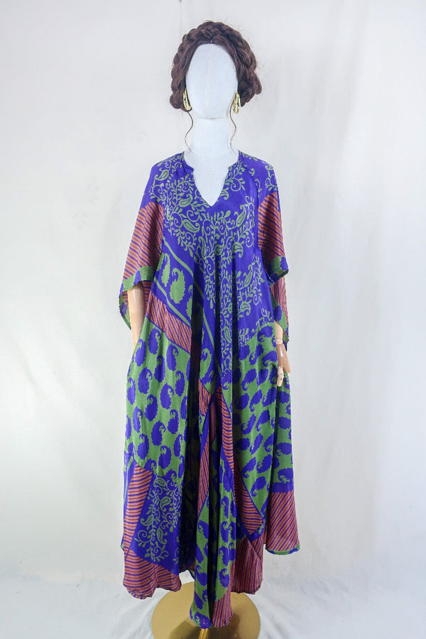 Goddess Dress - Dusky Purple & Midnight Green Paisley - Vintage Sari - Free Size L by all about audrey