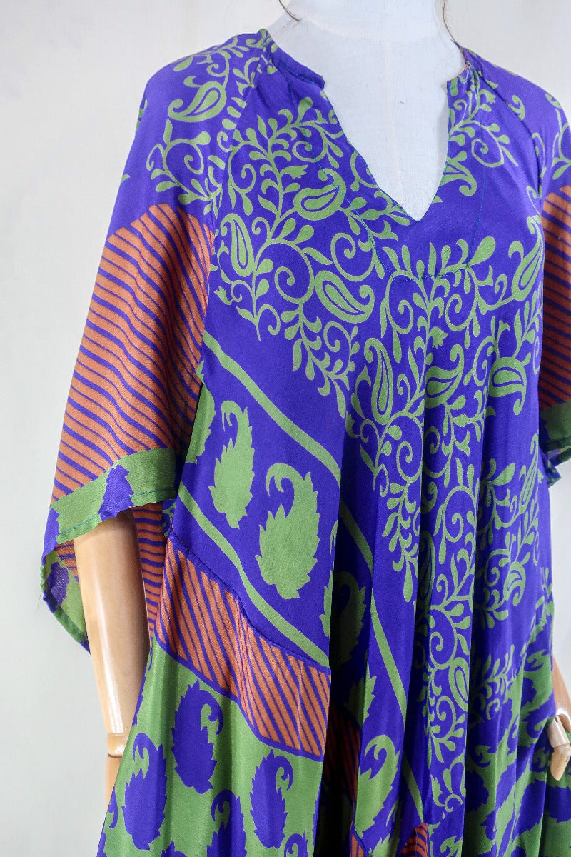 Goddess Dress - Dusky Purple & Midnight Green Paisley - Vintage Sari - Free Size L by all about audrey